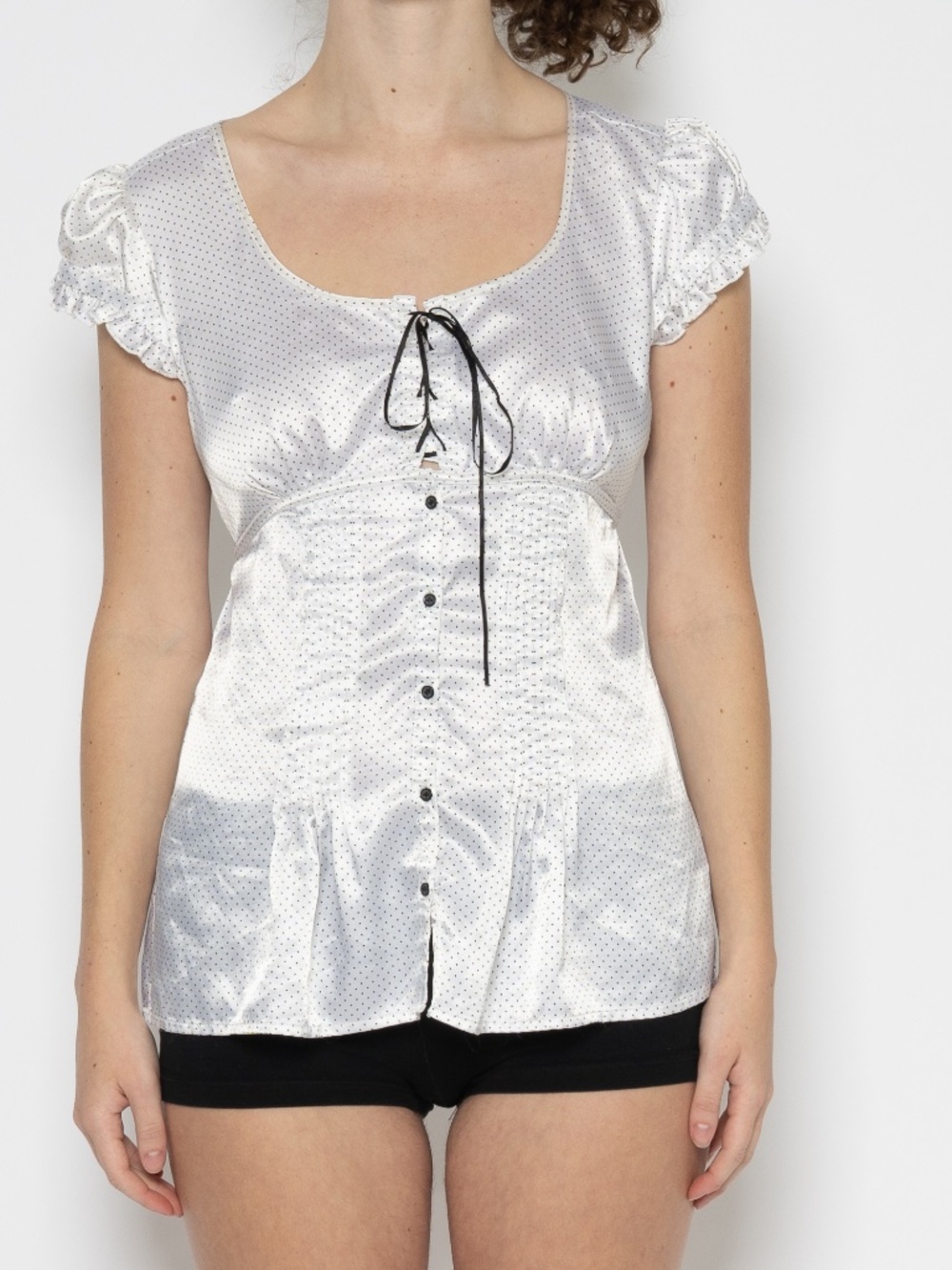 Y2k satin polka dot button up blouse white size large maurices babydoll